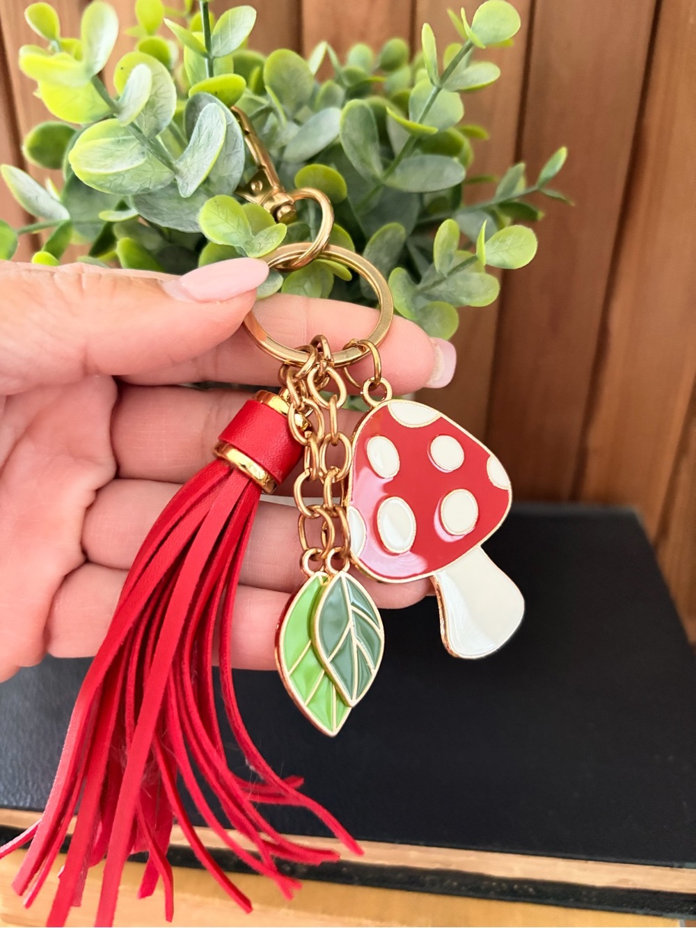 Enameled Mushroom and Leather Tassel Keychain with Green Leaf Charms - Picture 2 of 5